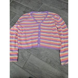 Pink Lily Crochet Knit Cropped Cardigan Sweater Pastel Pink Purple Stripe  Small